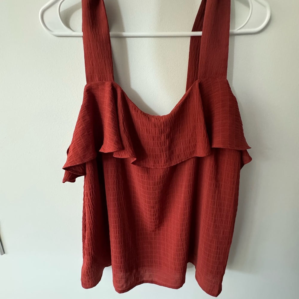 EUC Nine West Burnt Orange Gingham Wide Strap Square Neck Ruffle Tank XL